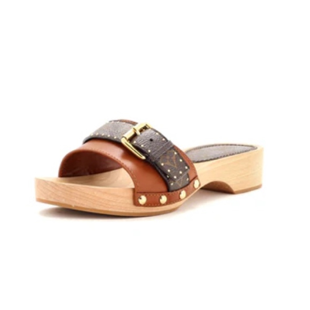 LOUIS VUITTON Brown Leather LV Monogram Cottage Mule Wood Clog Sandals 6.5